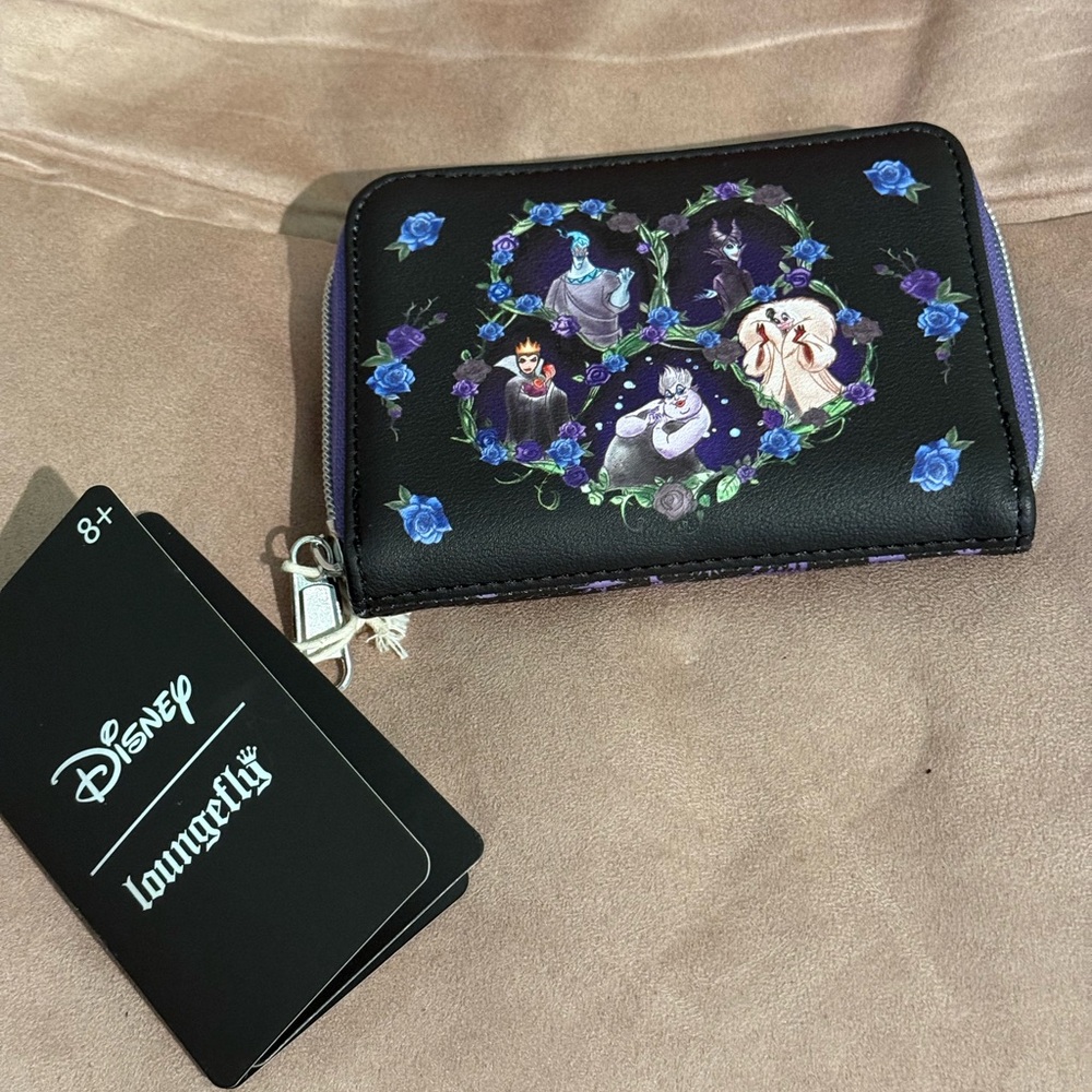 Loungefly Disney Villains Black Wallet with Blue Roses
